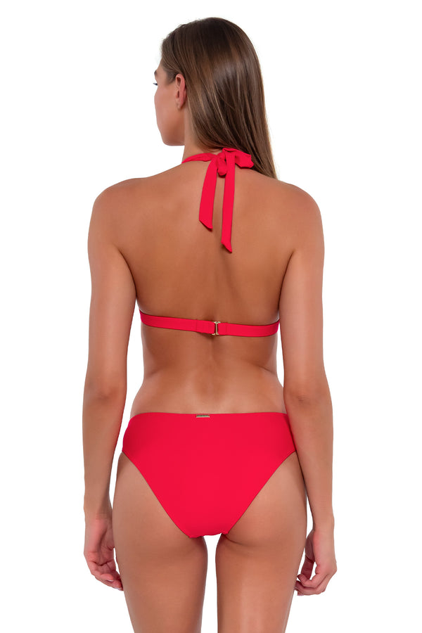 Back pose #1 of Daria wearing Sunsets Geranium Collins Hipster Bottom with matching Faith Halter bikini top