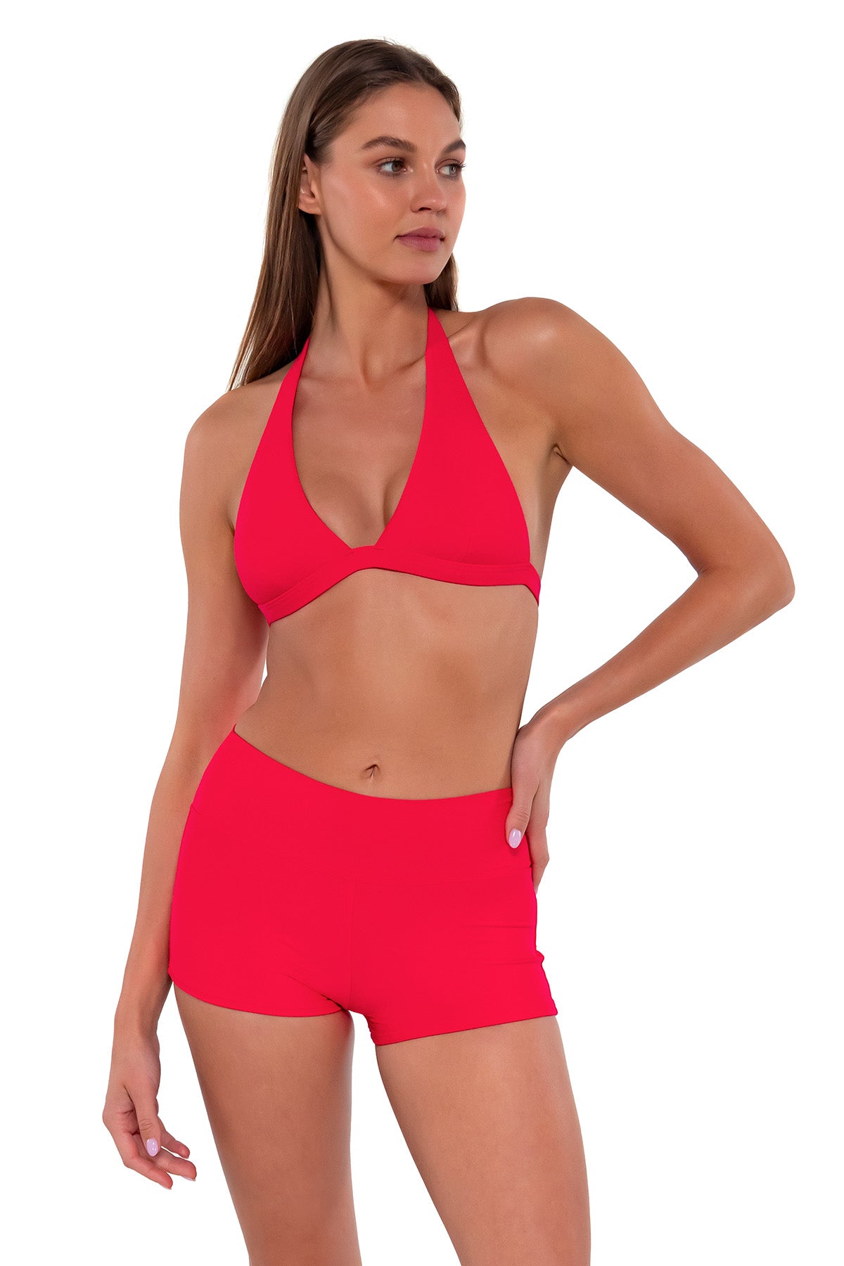 Front pose #1 of Daria wearing Sunsets Geranium Kinsley Swim Short with matching Faith Halter bikini top
