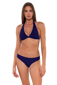 Front pose #1 of Daria wearing Sunsets Indigo Collins Hipster Bottom with matching Faith Halter bikini top