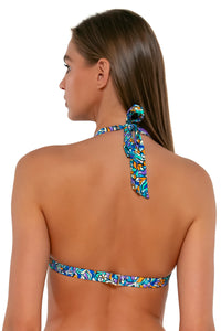 Back pose #3 of Daria wearing Sunsets Pansy Fields Faith Halter Top