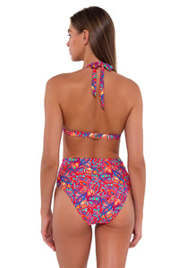 Back pose #1 of Daria wearing Sunsets Rue Paisley Summer Lovin' V-Front Bottom with matching Faith Halter bikini top