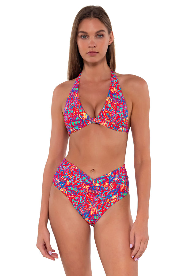Front pose #1 of Daria wearing Sunsets Rue Paisley Summer Lovin' V-Front Bottom with matching Faith Halter bikini top