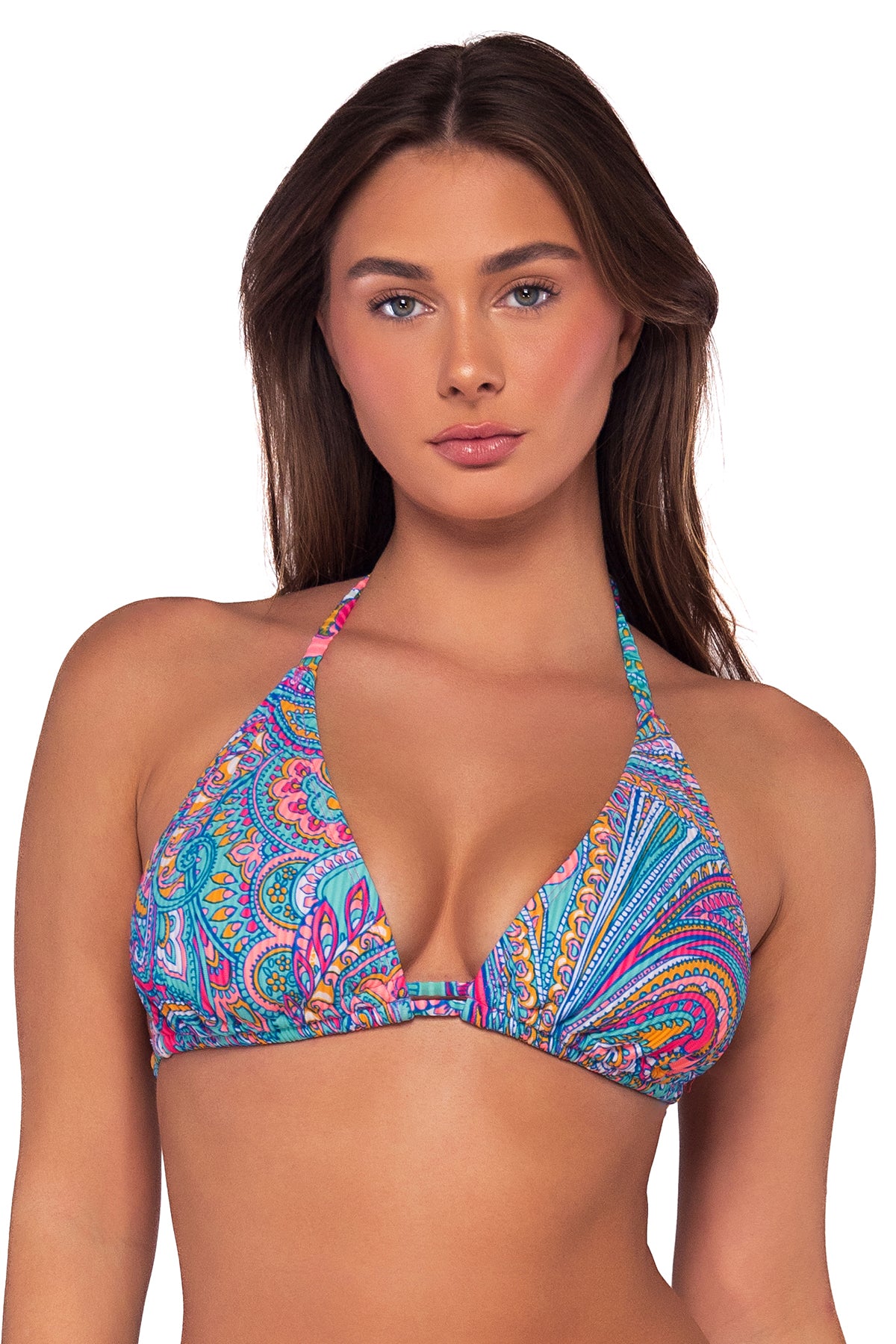 Front view of Sunsets Paisley Pop Starlette Triangle Top