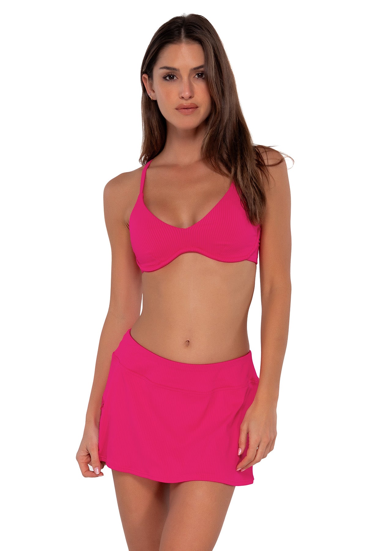 Front pose #1 of Gigi wearing Sunsets Begonia Sandbar Rib Sporty Swim Skirt paired with Brooke U-Wire bikini top