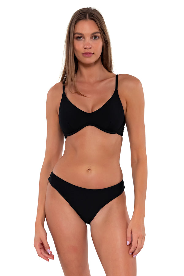 Front pose #1 of Daria wearing Sunsets Black Collins Hipster Bottom with matching Brooke U-Wire bikini top