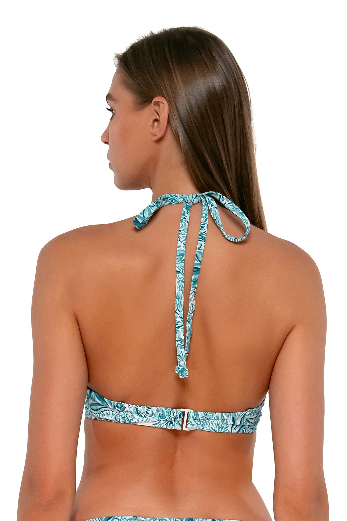 Back pose #1 of Daria wearing Sunsets By the Sea Brooke U-Wire Top showing over-the-shoulder tie