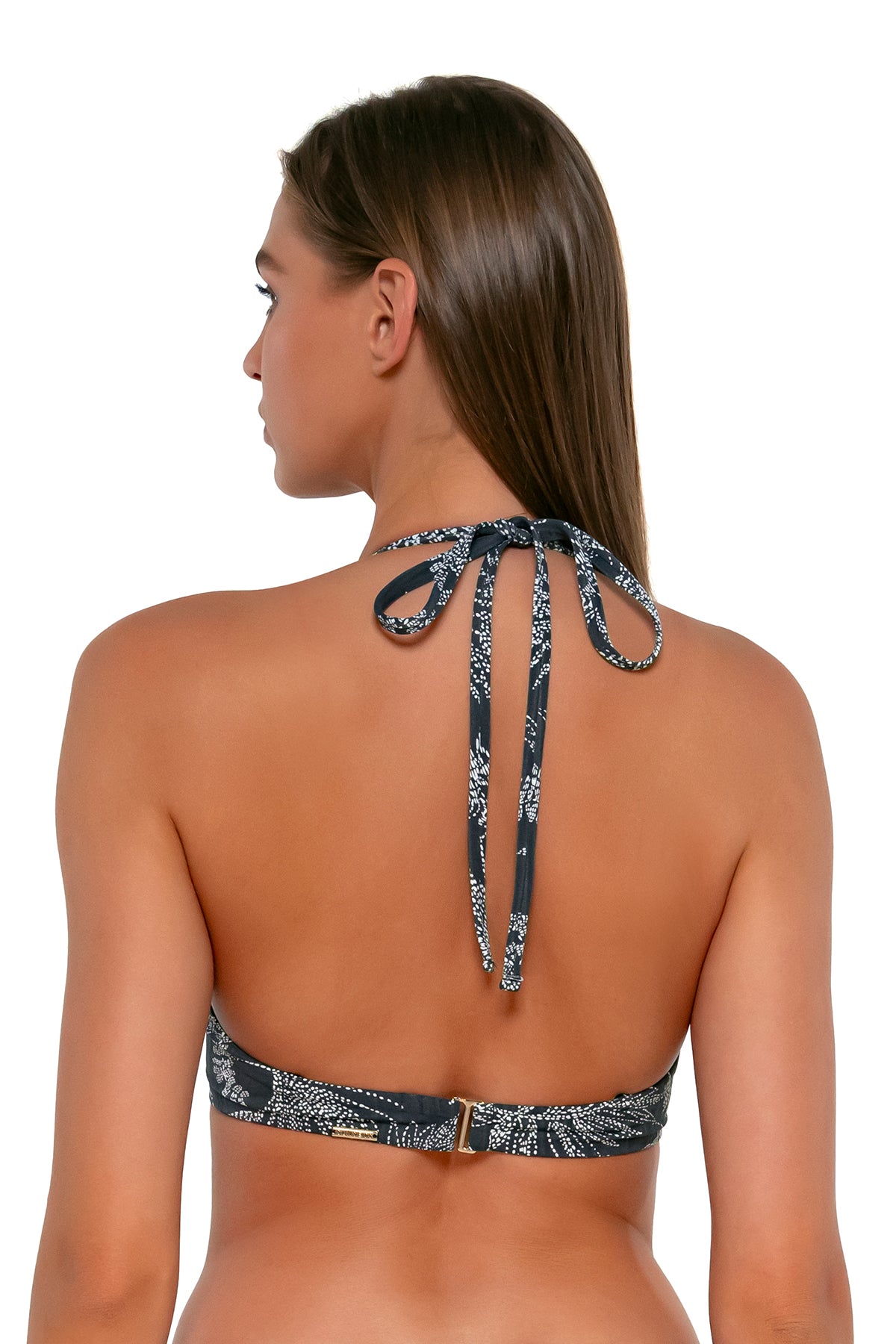 Back pose #1 of Daria wearing Sunsets Fanfare Seagrass Texture Brooke U-Wire Top showing over-the-shoulder tie