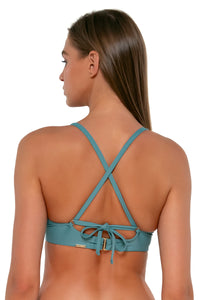 Back pose #1 of Daria wearing Sunsets Ocean Brooke U-Wire Top showing crossback straps