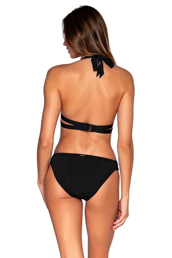 Back view of Sunsets Black Casey Halter Top with matching Femme Fatale Hipster bikini bottom