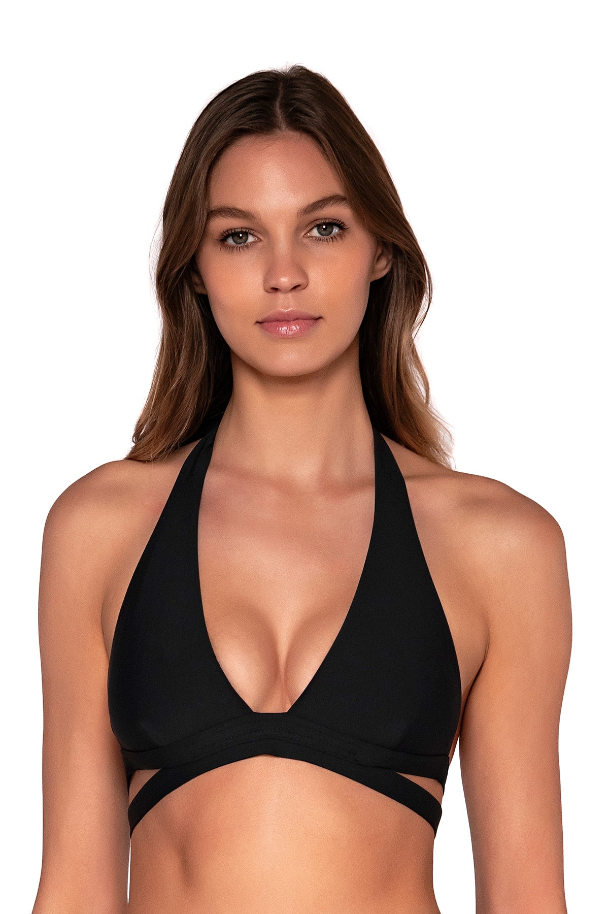 Front view of Sunsets Black Casey Halter Top