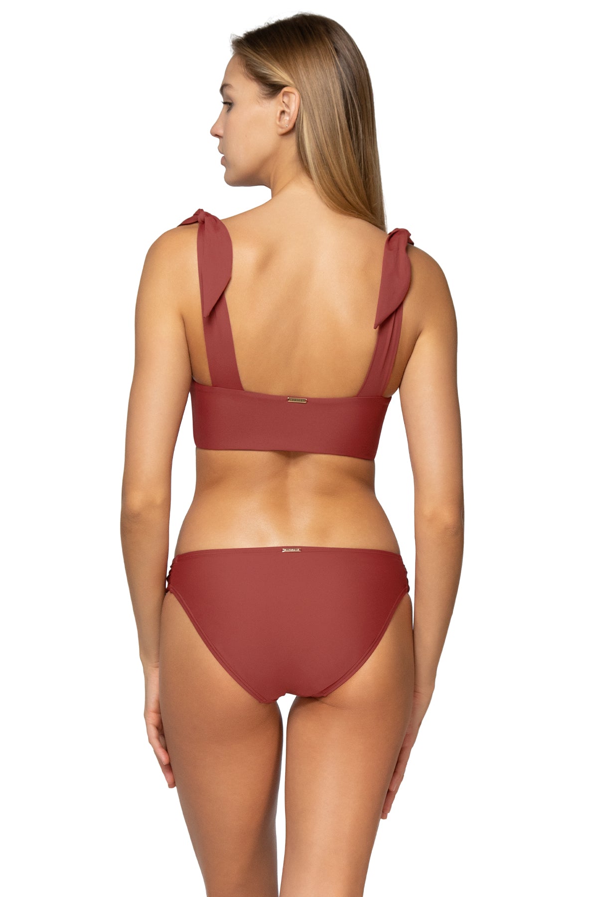 Back view of Sunsets Tuscan Red Femme Fatale Hipster Bottom with matching Lily Top bikini