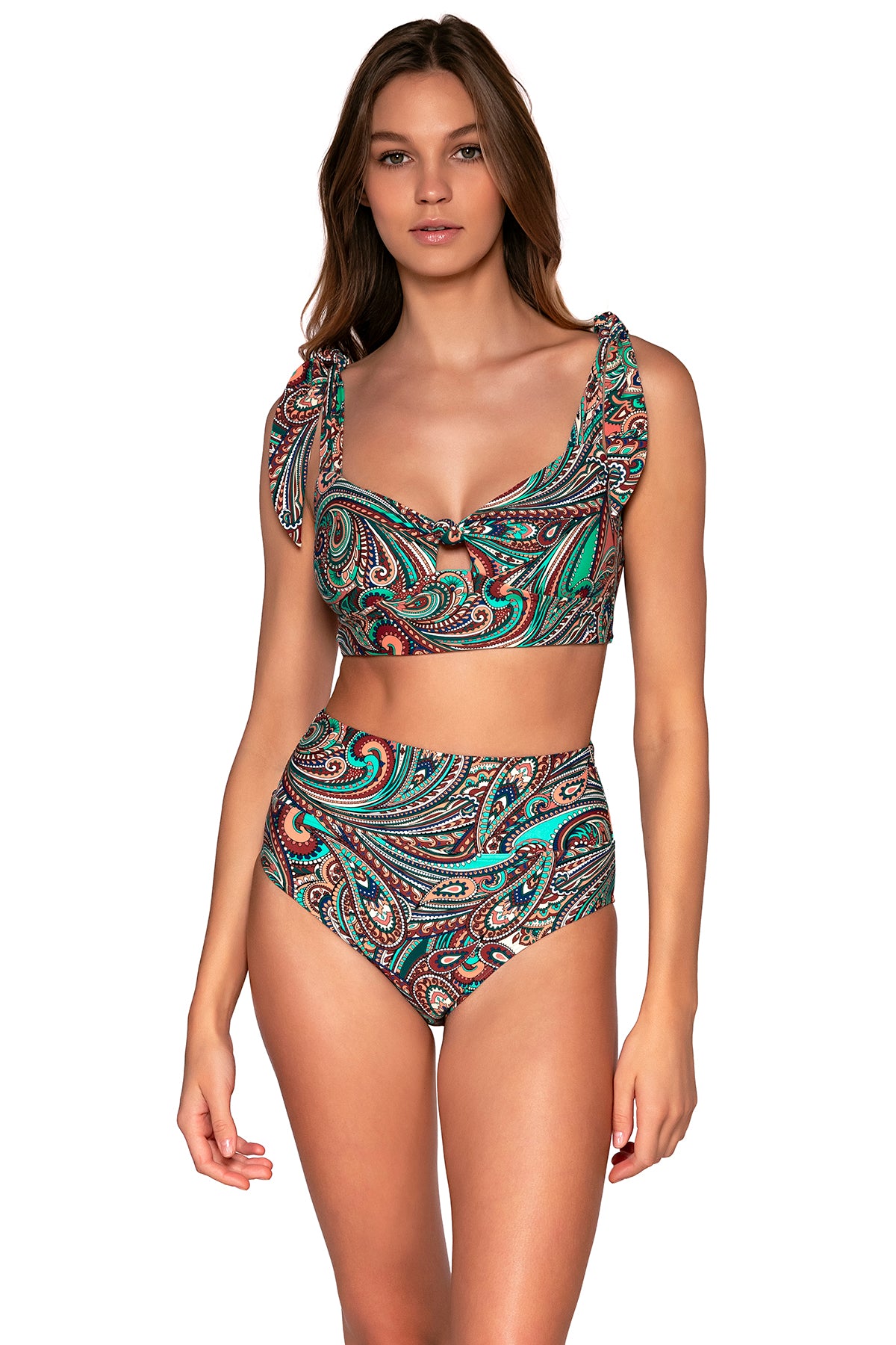 Front view of Sunsets Andalusia Hannah High Waist Bottom with matching Lily Top bikini