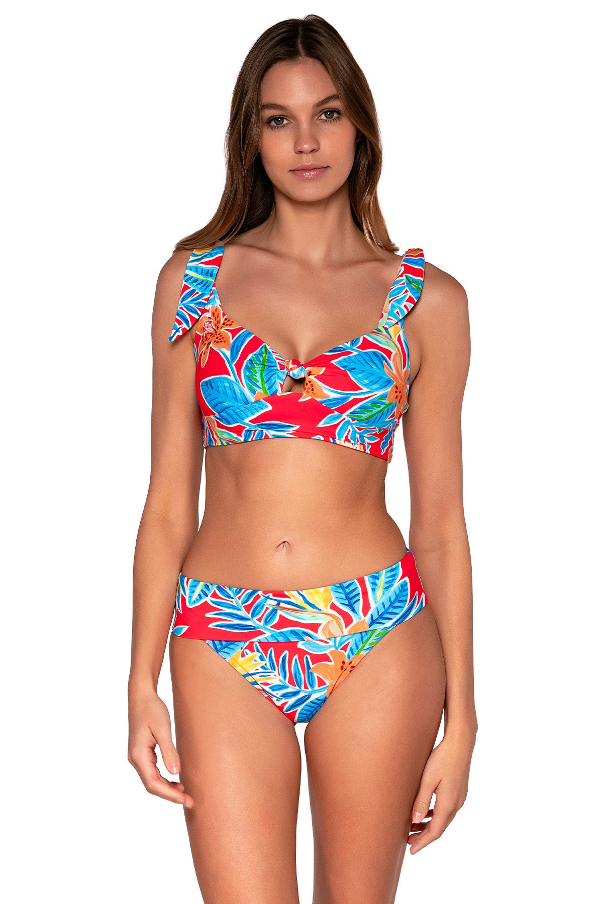Front view of Sunsets Tiger Lily Hannah High Waist Bottom with matching Lily Top bikini