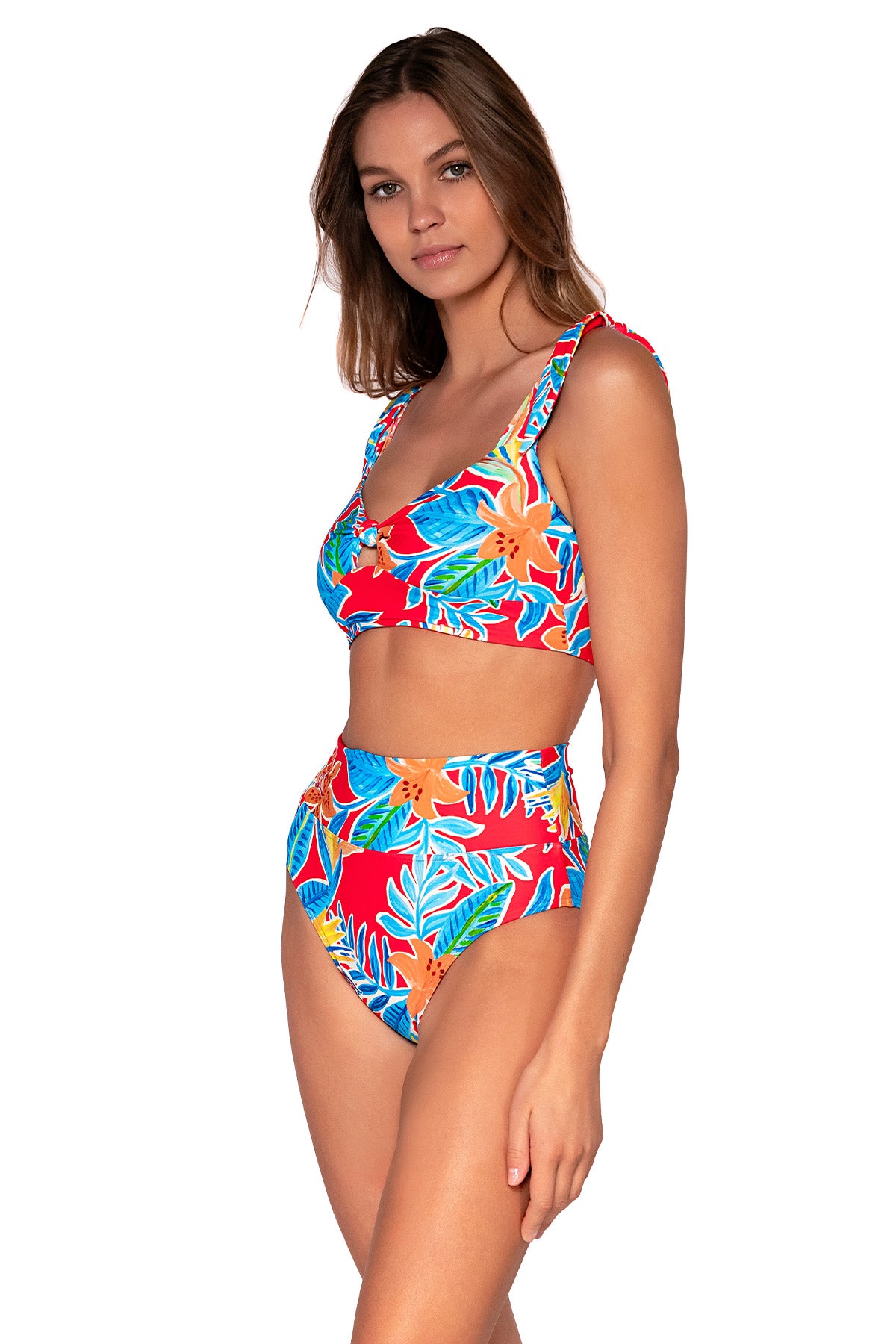 Side view of Sunsets Tiger Lily Hannah High Waist Bottom with matching Lily Top bikini