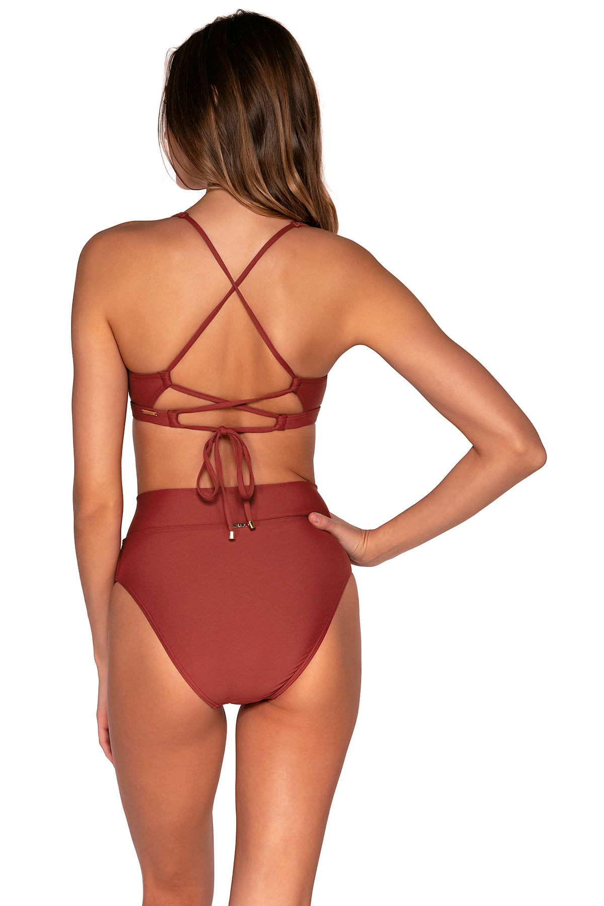 Back view of Sunsets Tuscan Red Brandi Bralette bikini top with Tuscan Red Summer Lovin V-Front bikini bottom