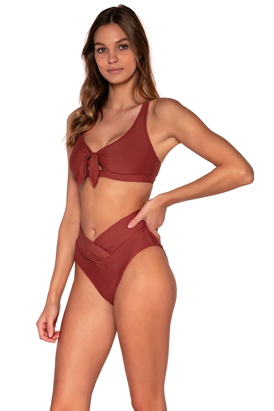 Side view of Sunsets Tuscan Red Brandi Bralette bikini top showing keyhole front tie