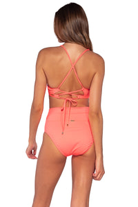 Back view of Sunsets Neon Coral Brandi Bralette Top with matching Hannah High Waist bikini bottom