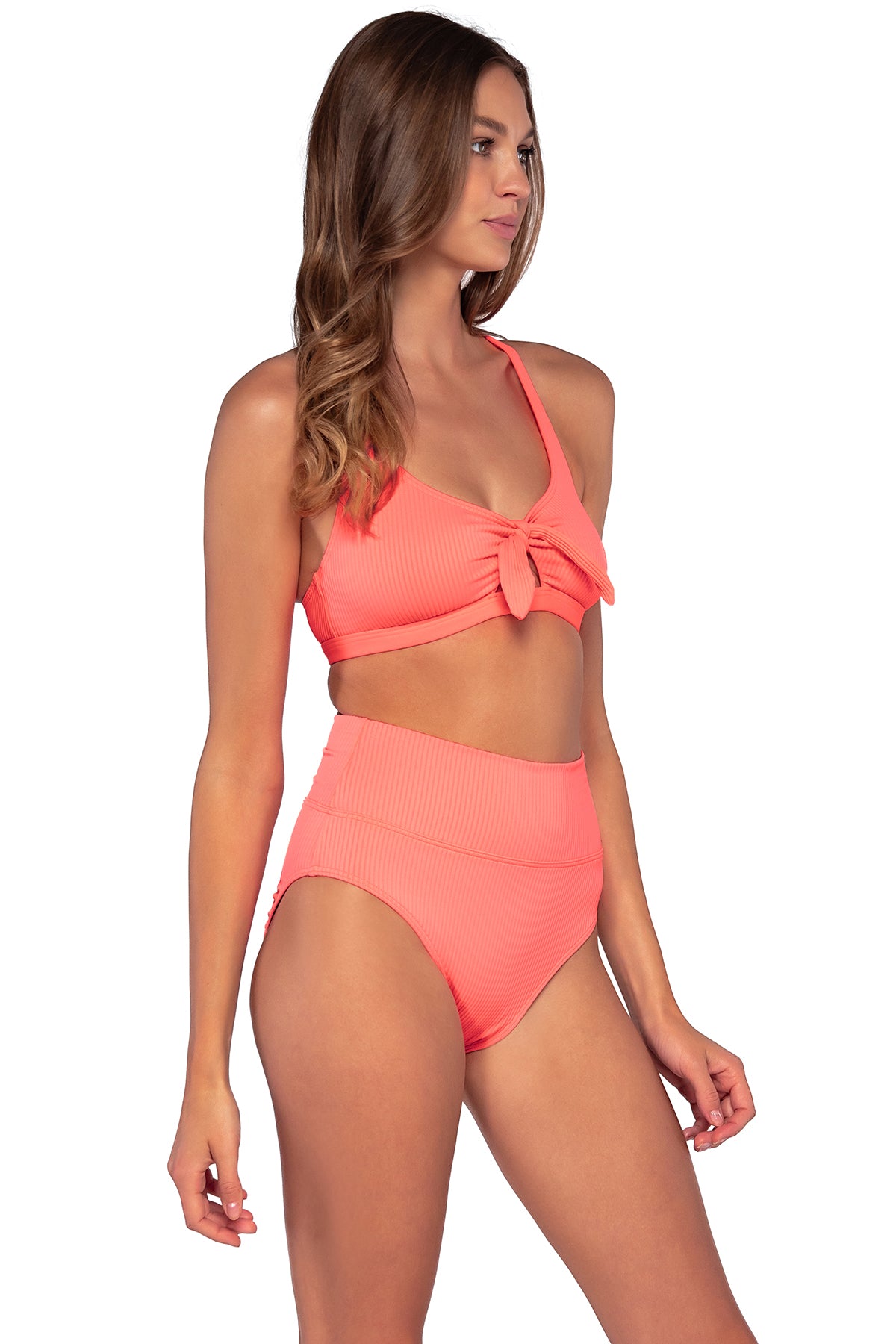 Side view of Sunsets Neon Coral Hannah High Waist Bottom with matching Brandi Bralette bikini top
