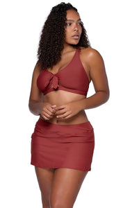 Front view of Sunsets Tuscan Red Sporty Swim Skirt with matching Brandi Bralette bikini top