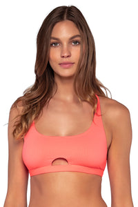 Front view of Sunsets Neon Coral Brandi Bralette Top without front tie