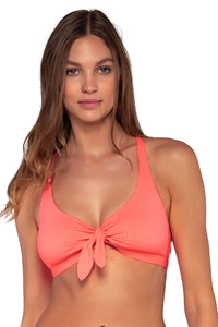 Front view of Sunsets Neon Coral Brandi Bralette Top showing bralette front tie
