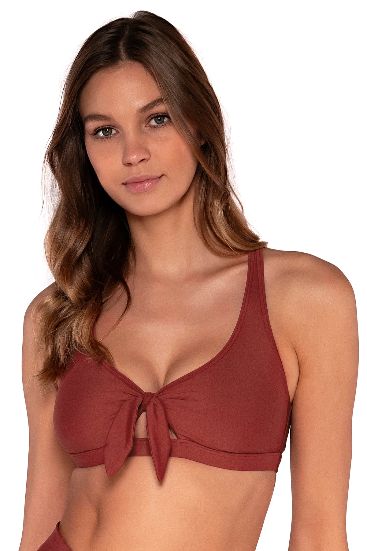 Front view of Sunsets Tuscan Red Brandi Bralette bikini top showing keyhole front tie