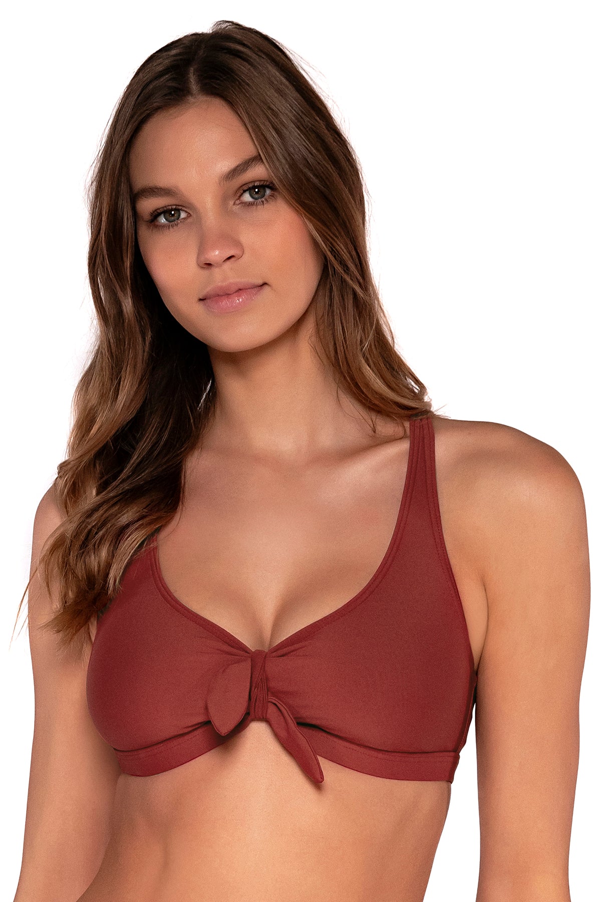 Front view of Sunsets Tuscan Red Brandi Bralette bikini top showing bralette front tie