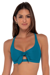 Front pose #1 of Gigi wearing Sunsets Avalon Teal Brandi Bralette Top showing keyhole front tie