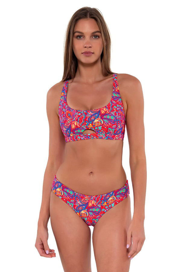 Front pose #1 of Daria wearing Sunsets Rue Paisley Brandi Bralette Top with matching Alana Reversible Hipster bikini bottom