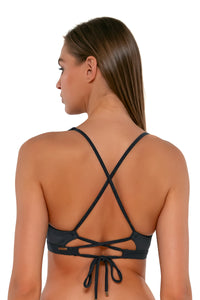 Back pose #3 of Daria wearing Sunsets Slate Seagrass Texture Brandi Bralette Top