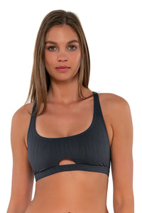 Front pose #1 of Daria wearing Sunsets Slate Seagrass Texture Brandi Bralette Top