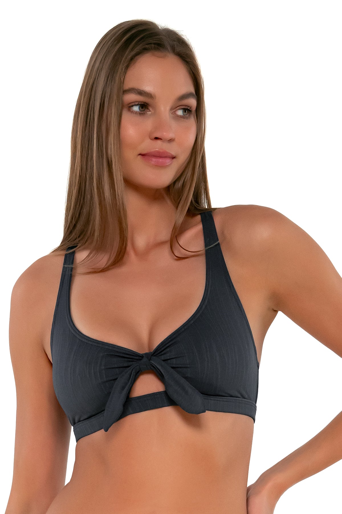 Front pose #1 of Daria wearing Sunsets Slate Seagrass Texture Brandi Bralette Top showing keyhole front tie