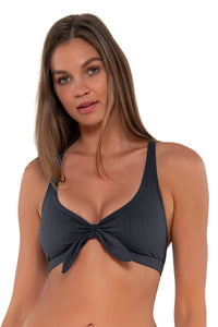 Front pose #1 of Daria wearing Sunsets Slate Seagrass Texture Brandi Bralette Top showing bralette front tie
