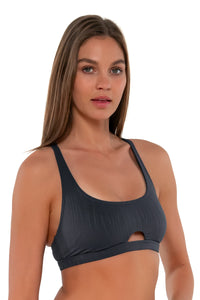 Side pose #1 of Daria wearing Sunsets Slate Seagrass Texture Brandi Bralette Top