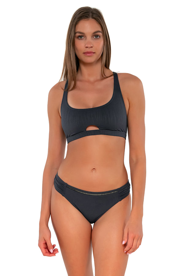 Front pose #1 of Daria wearing Sunsets Slate Seagrass Texture Brandi Bralette Top with matching Audra Hipster bikini bottom
