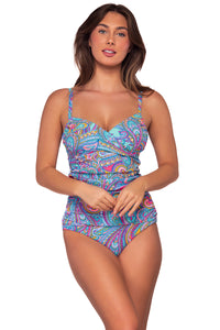 Front view of Sunsets Paisley Pop Serena Tankini Top with matching Alana Reversible Hipster bikini bottom