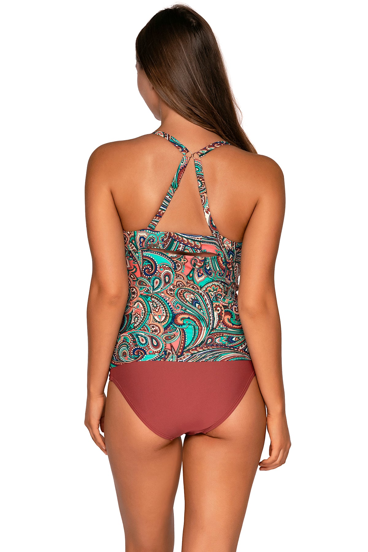 Back view of Sunsets Andalusia Serena Tankini Top showing crossback straps with matching Femme Fatale Hipster bikini bottom