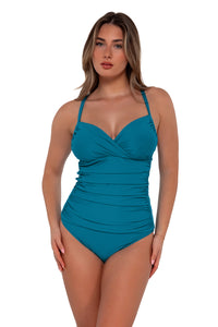 Front pose #2 of Taylor wearing Sunsets Avalon Teal Serena Tankini Top paired with Hannah High Waist bikini bottom