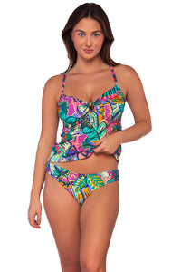 Front view of Sunsets Lush Garden Maeve Tankini Top lifted up to show matching Alana Reversible Hipster bikini bottom