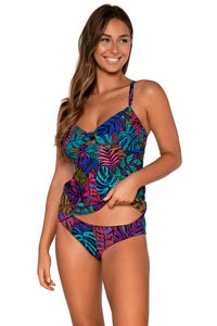 Front view of Sunsets Panama Palms Maeve Tankini Top lifted up to show matching Alana Reversible Hipster bikini bottom