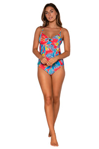 Front view of Sunsets Tiger Lily Maeve Tankini Top with matching Femme Fatale Hipster bikini bottom