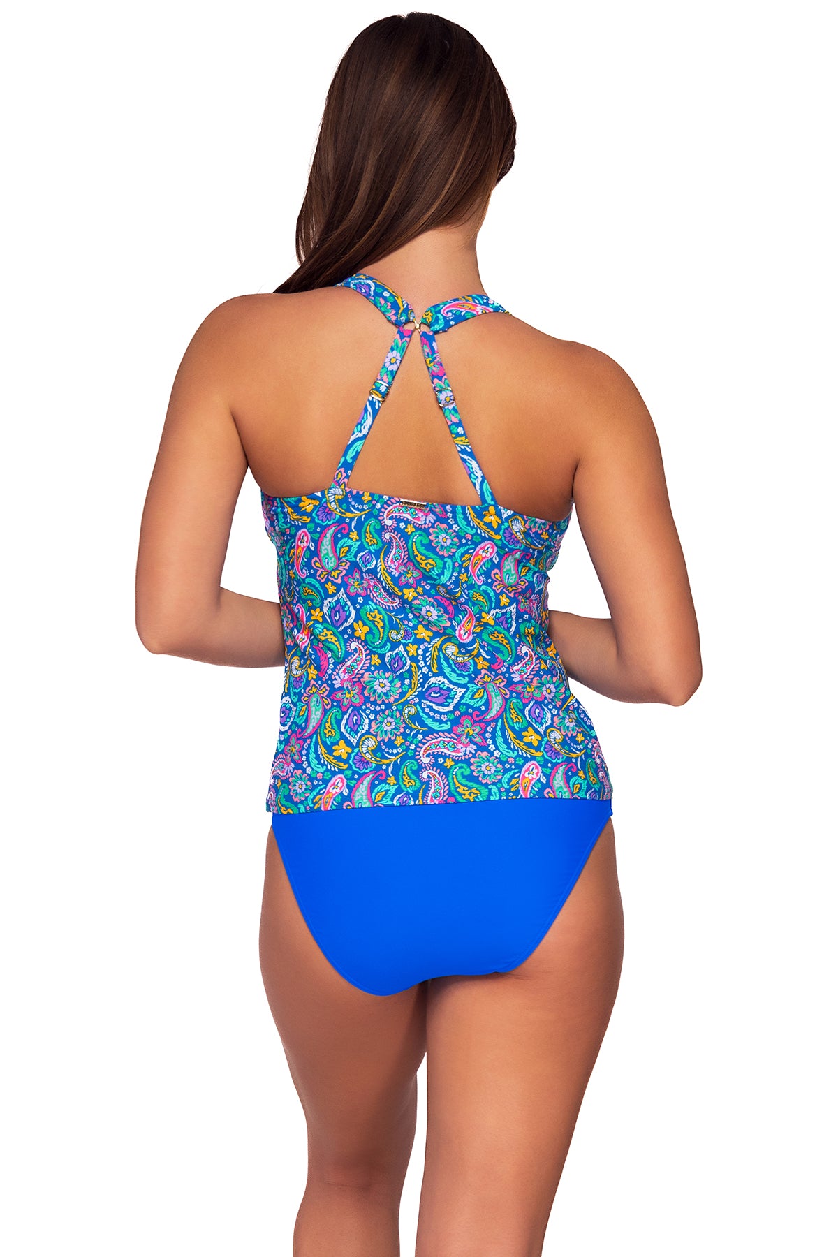 Back view of Sunsets Persian Sky Elsie Tankini Top showing crossback straps with matching High Road Bottom bikini