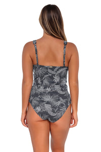 Back pose #1 of Taylor wearing Sunsets Fanfare Seagrass Texture Elsie Tankini Top with matching Hannah High Waist bikini bottom