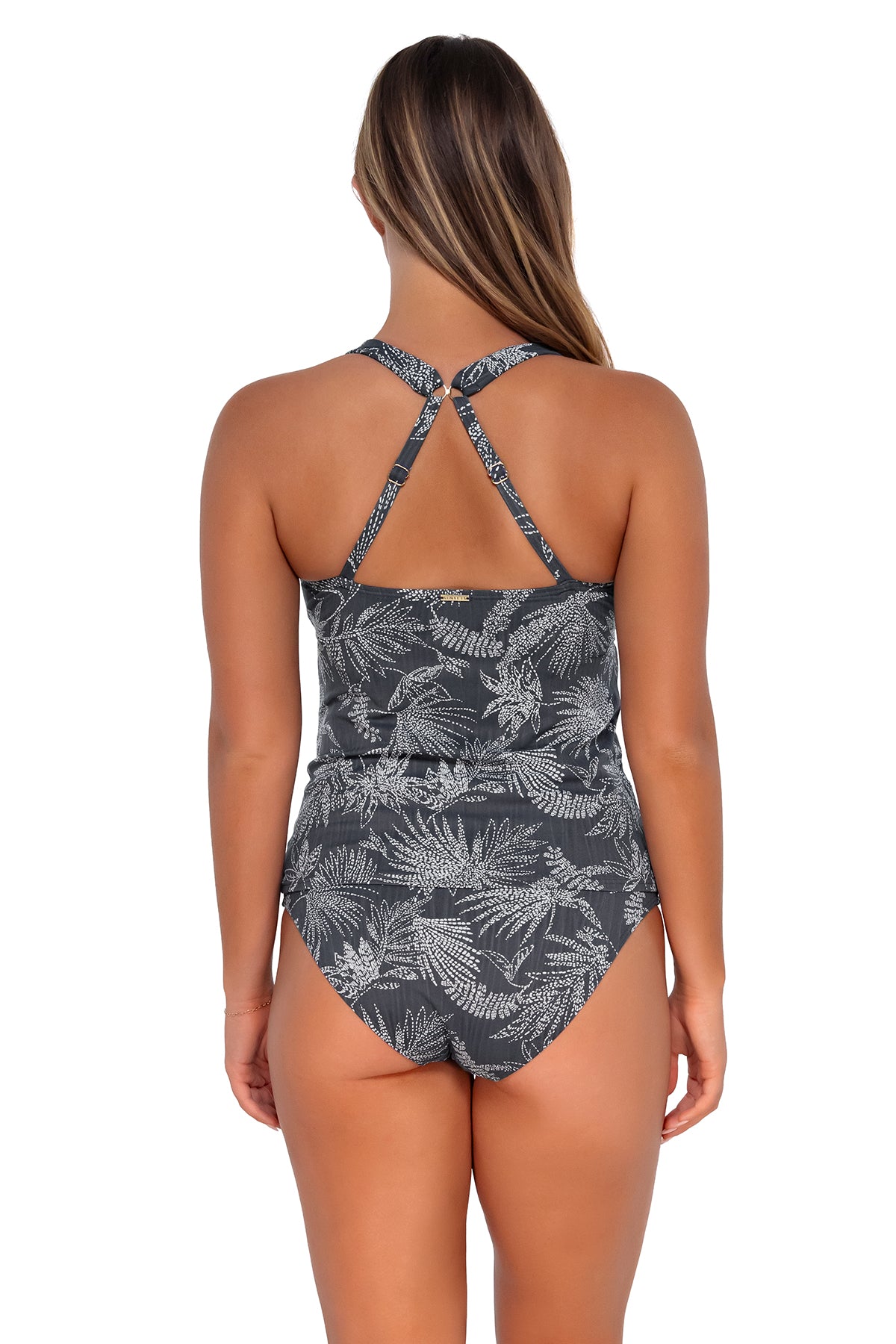 Back pose #1 of Taylor wearing Sunsets Fanfare Seagrass Texture Elsie Tankini Top showing crossback straps with matching Hannah High Waist bikini bottom
