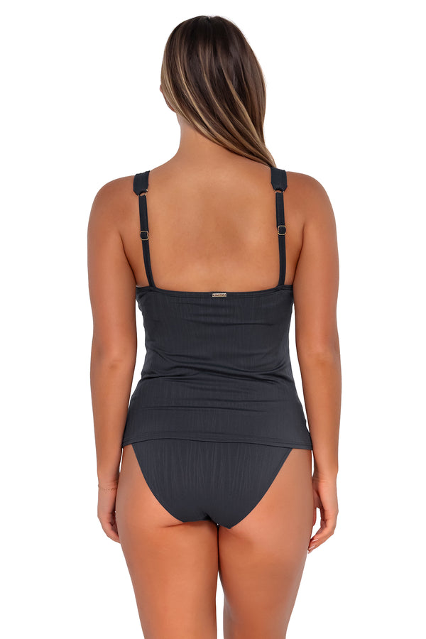 Back pose #1 of Taylor wearing Sunsets Slate Seagrass Texture Elsie Tankini Top with matching Annie High Waist bikini bottom