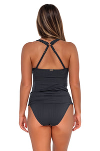 Back pose #1 of Taylor wearing Sunsets Slate Seagrass Texture Elsie Tankini Top showing crossback straps with matching Annie High Waist bikini bottom