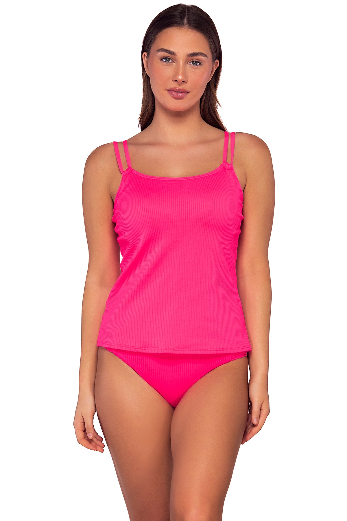Front view of Sunsets Neon Pink Taylor Tankini Top