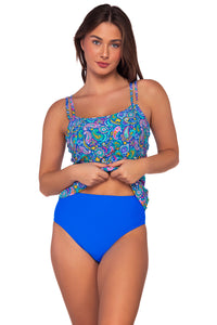Front view of Sunsets Persian Sky Taylor Tankini Top lifted to show High Road Bottom bikini