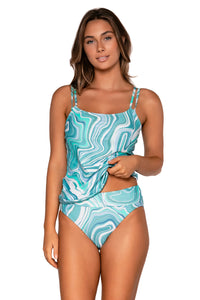 Front view of Sunsets Moon Tide Taylor Tankini Top lifted up to show matching Hannah High Waist bikini bottom