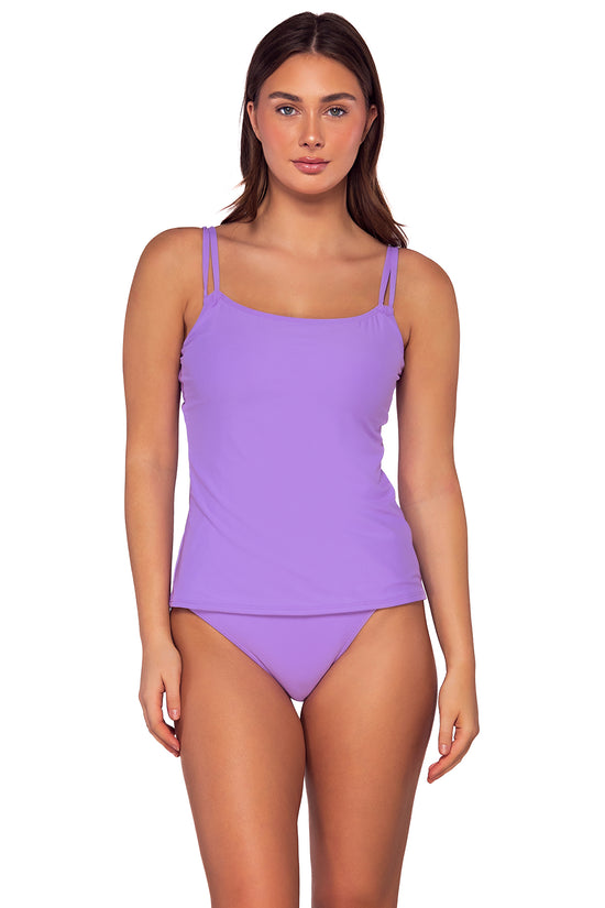 Front view of Sunsets Passion Flower  Taylor Tankini swim top with Passion Flower Unforgettable Bottom swim hipster